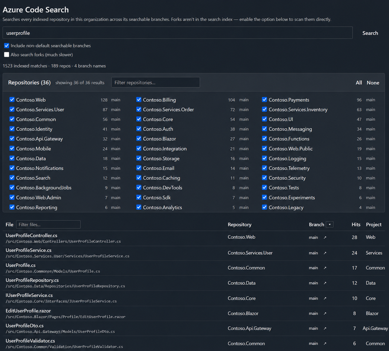 Azure Code Search — organization-wide results with per-branch matches and inline preview